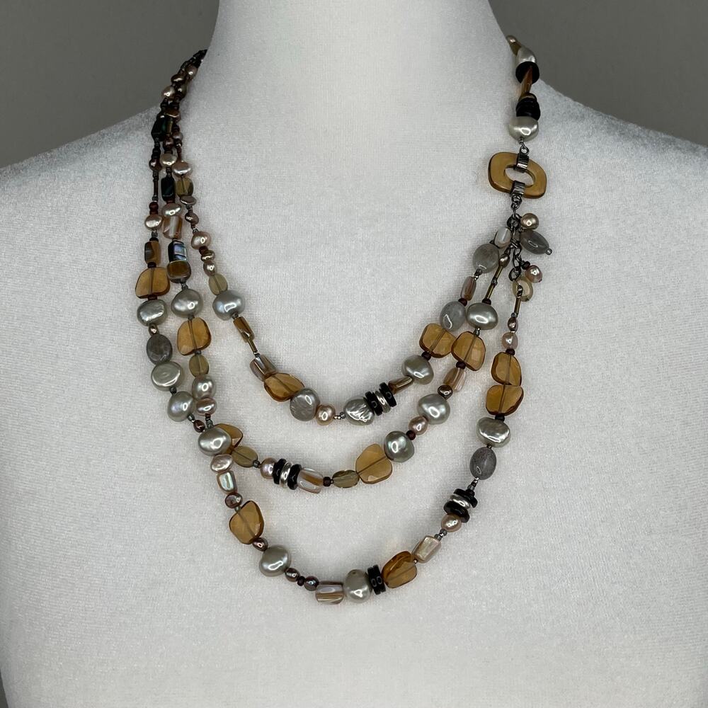 Peyote Bird Free Spirit 3-Strand Layered Pearl MOP Gemstone Necklace NWT Amber